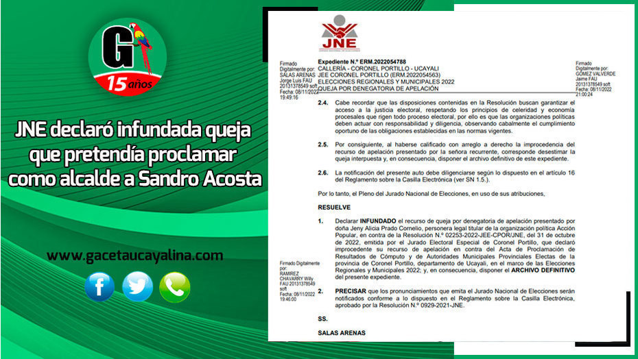 JNE declaró infundada queja que pretendía proclamar como alcalde a Sandro Acosta