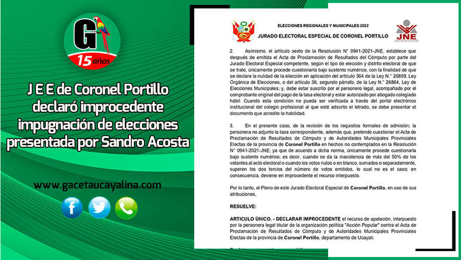 Jurado Electoral de Coronel Portillo declaró improcedente impugnación de elecciones presentada por Sandro Acosta
