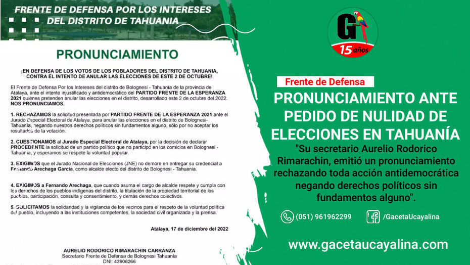 Frente de Defensa en Tahuanía se pronuncia ante pedido de nulidad de elecciones en ese distrito