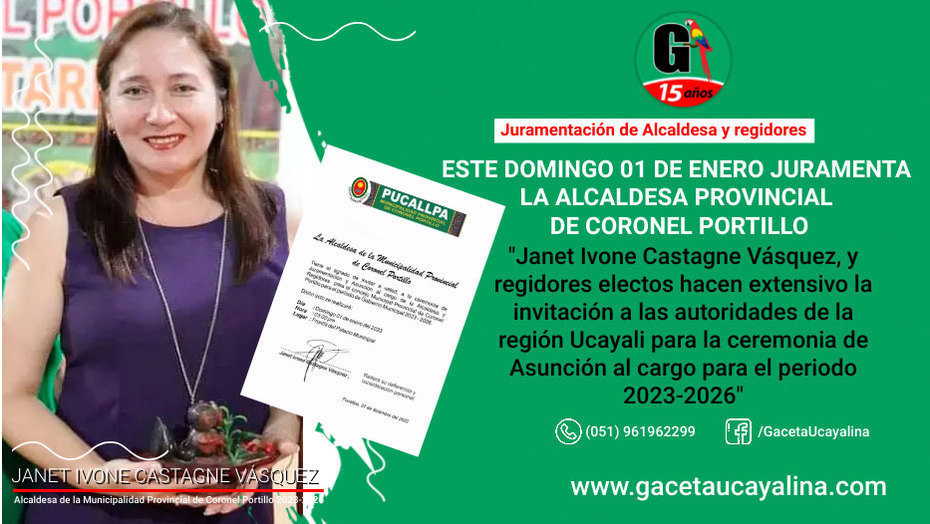 Este domingo 01 de enero a las 3 de la tarde juramentará la alcaldesa provincial de Coronel Portillo
