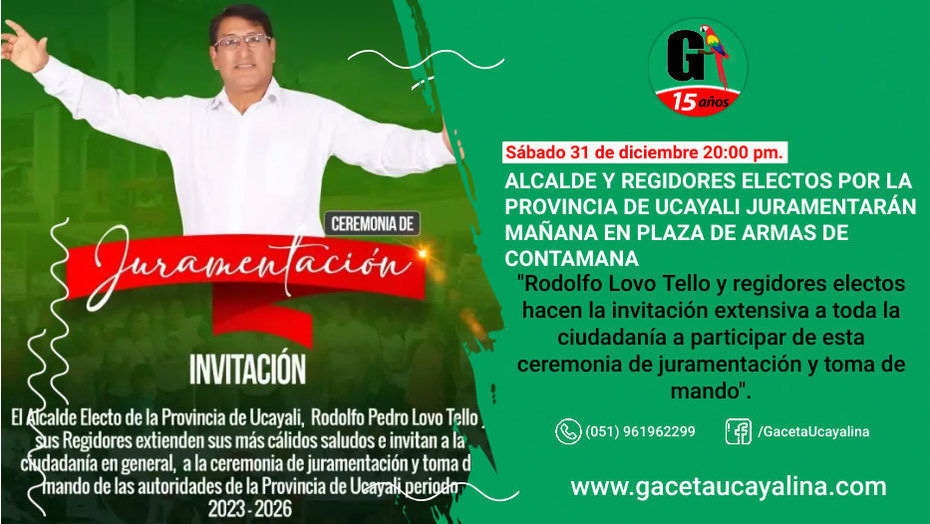 Alcalde y regidores electos por la Provincia de Ucayali juramentarán mañana en plaza de armas de Contamana