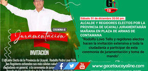 Alcalde y regidores electos por la Provincia de Ucayali juramentarán mañana en plaza de armas de Contamana