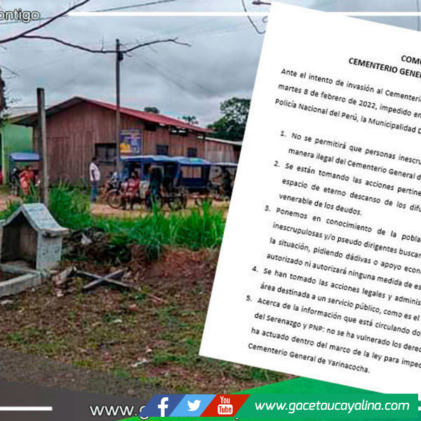 Ante el intento de invasión la Muncipalidad de Yarinacocha envia Comunicado