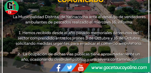 Municipalidad de Yarinacocha envia Comunicado ante desalojo de vendedores ambulantes