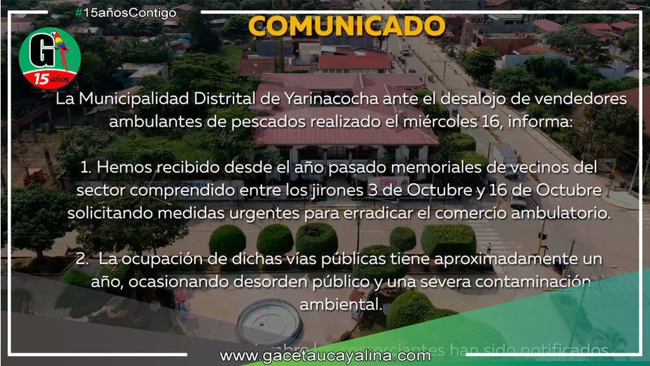 Municipalidad de Yarinacocha envia Comunicado ante desalojo de vendedores ambulantes