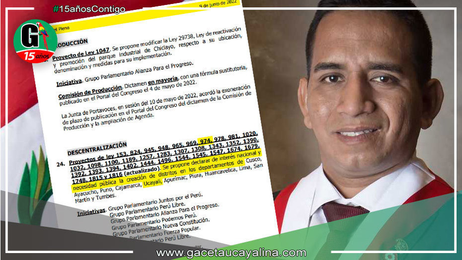 Se aprobaron tres Proyectos de Ley de autoría del Congresista por Ucayali, Elvis Vergara Mendoza