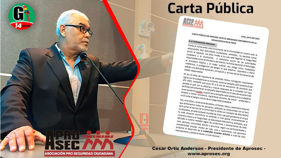 Aprosec hace pública una carta de prevención ante constantes reclamos de la ciudadanía por la peligrosa inseguridad en que vivimos
