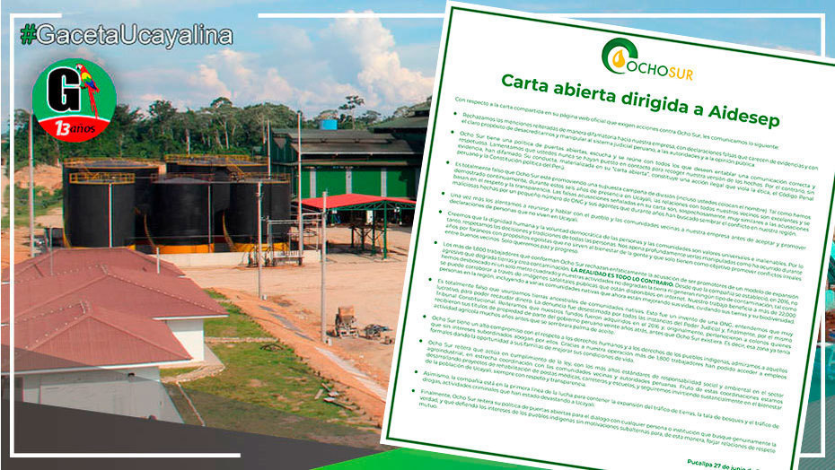 Empresa Ocho Sur hace pública Carta Abierta dirigida a Aidesep