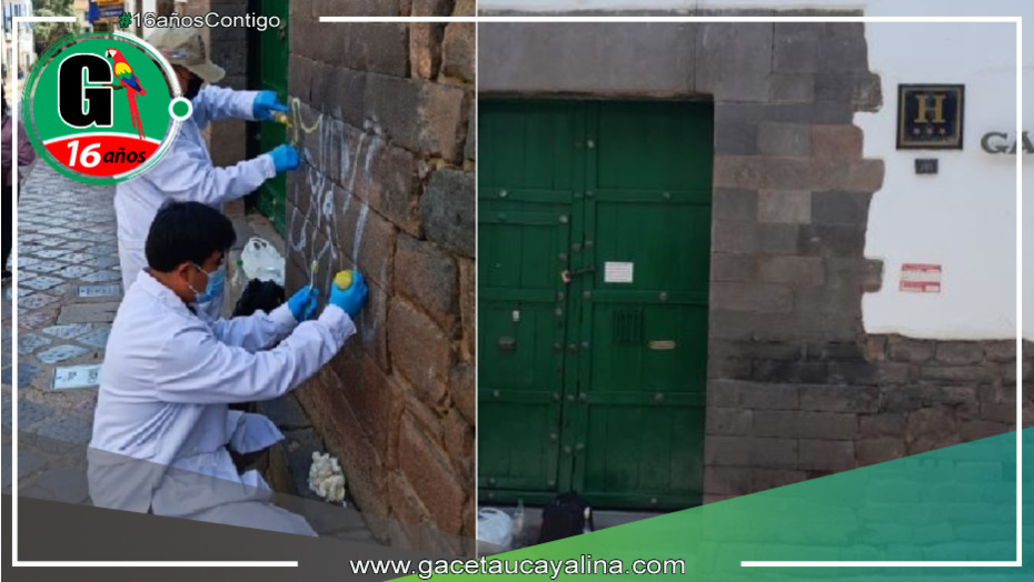 Especialistas retiraron el grafiti pintado en la calle Garcilaso