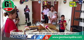 Joven criado en aldea infantil y adoptado por pareja extranjera dona instrumentos musicales a la comunidad
