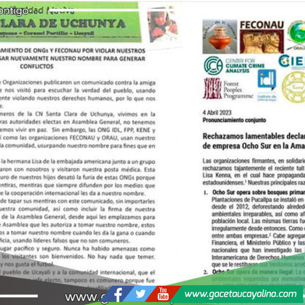 Comunidad de Uchunya expresa su rechazo público contra ONGS, FECONAU, AIDESEP Y ORAU 
