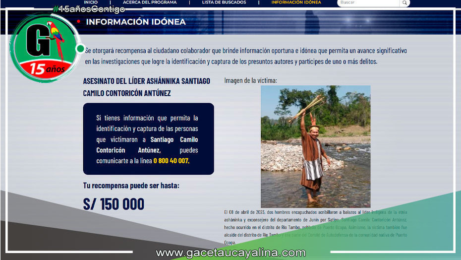 Hasta S/ 150,000 ofrecen para ubicar a asesinos de líder indígena Santiago Contoricón