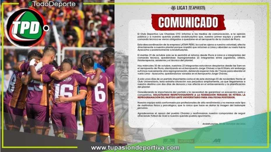 Los Chankas piden reprogramación de partido frente a Universitario