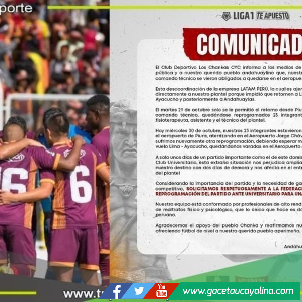 Los Chankas piden reprogramación de partido frente a Universitario
