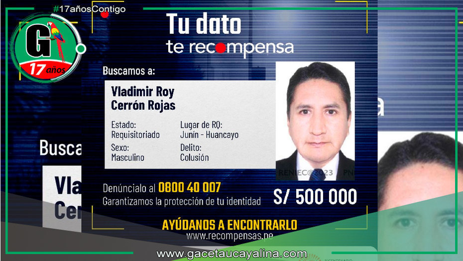 Ofrecen medio millón por información de Vladimir Cerrón