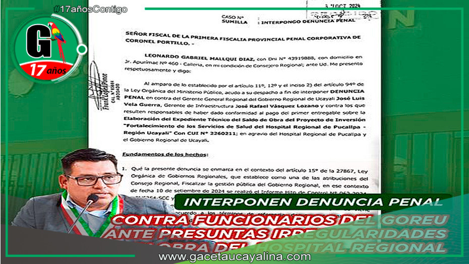 Denuncian penalmente a funcionarios del GOREU por irregularidades en obra del Hospital Regional