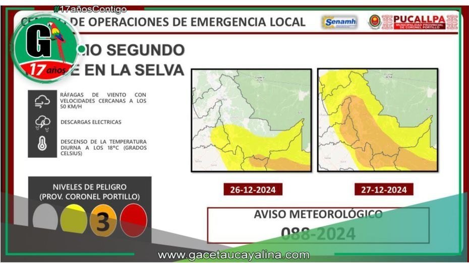 Pronostican lluvias en Pucallpa los días 26 y 27