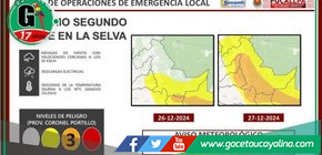 Pronostican lluvias en Pucallpa los días 26 y 27