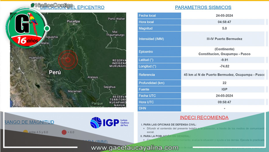 Sismo de magnitud 5.0 sacude Pasco, Perú, este viernes 24 de mayo