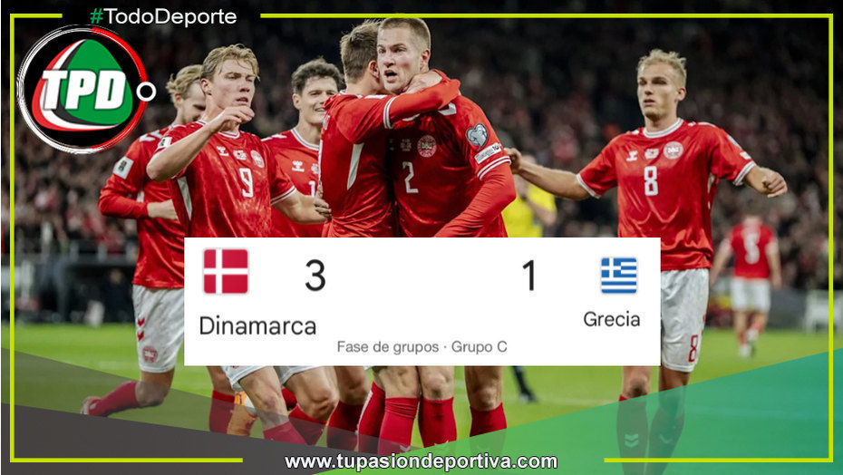 Dinamarca superó 3-1 a Grecia y tomó el liderato del Grupo C
