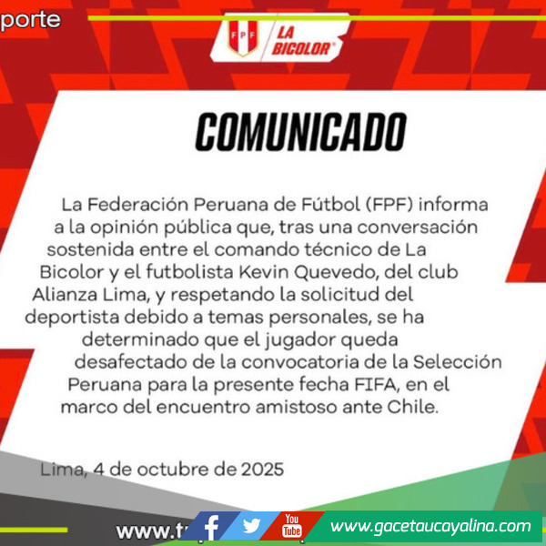 Kevin Quevedo fue desconvocado del amistoso ante Chile 