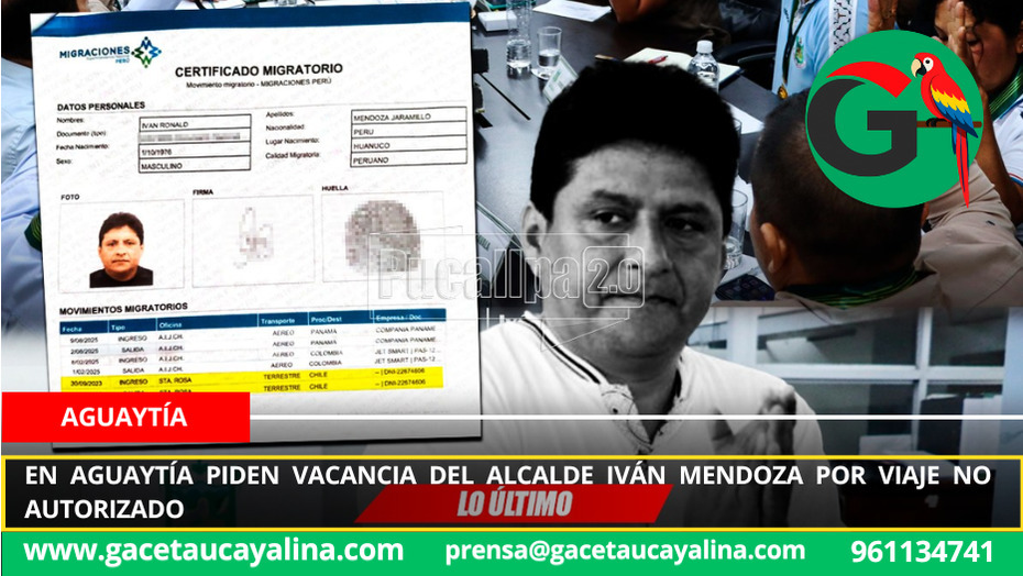 En Aguaytía piden vacancia del alcalde Iván Mendoza por viaje no autorizado