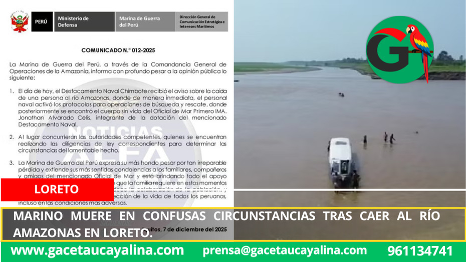 Marino muere en confusas circunstancias tras caer al río Amazonas en Loreto.