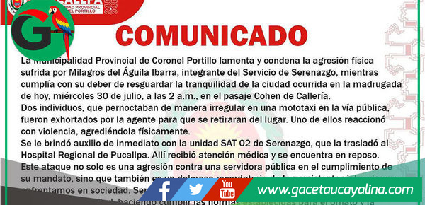 Municipalidad rechaza ataque violento contra servidora pública en Pucallpa