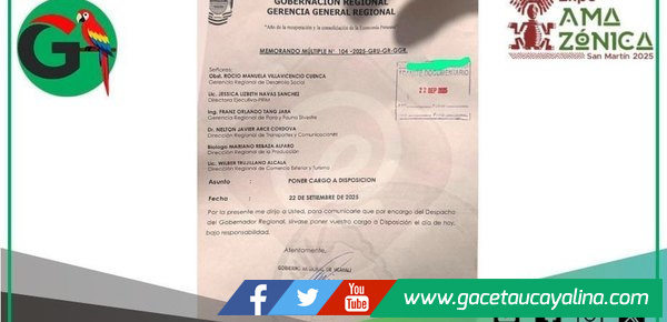 Gobierno Regional Ucayali solicita renuncia de seis altos funcionarios